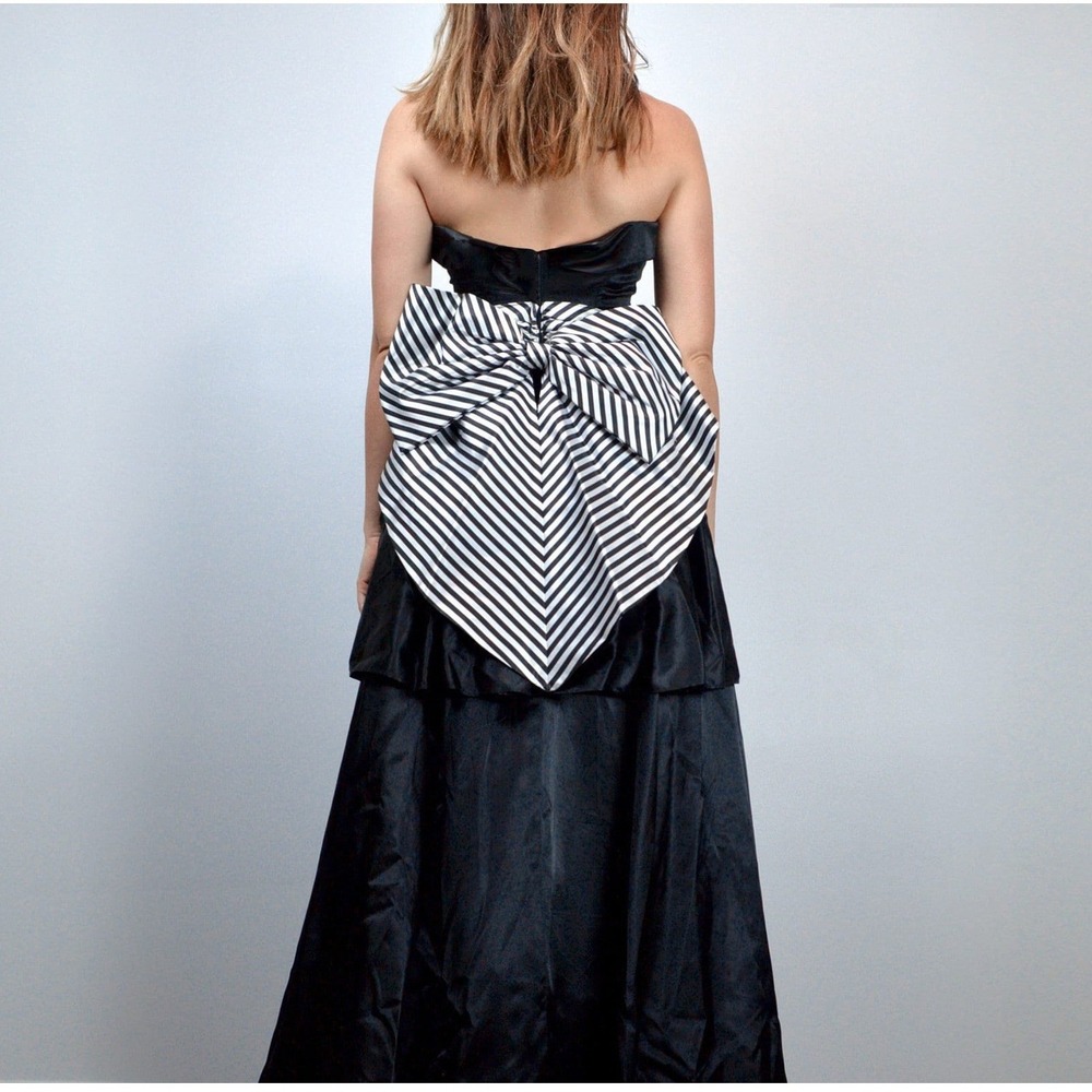 Vintage 80s Gunne Sax Black Strapless Formal Dress Striped Large Bow